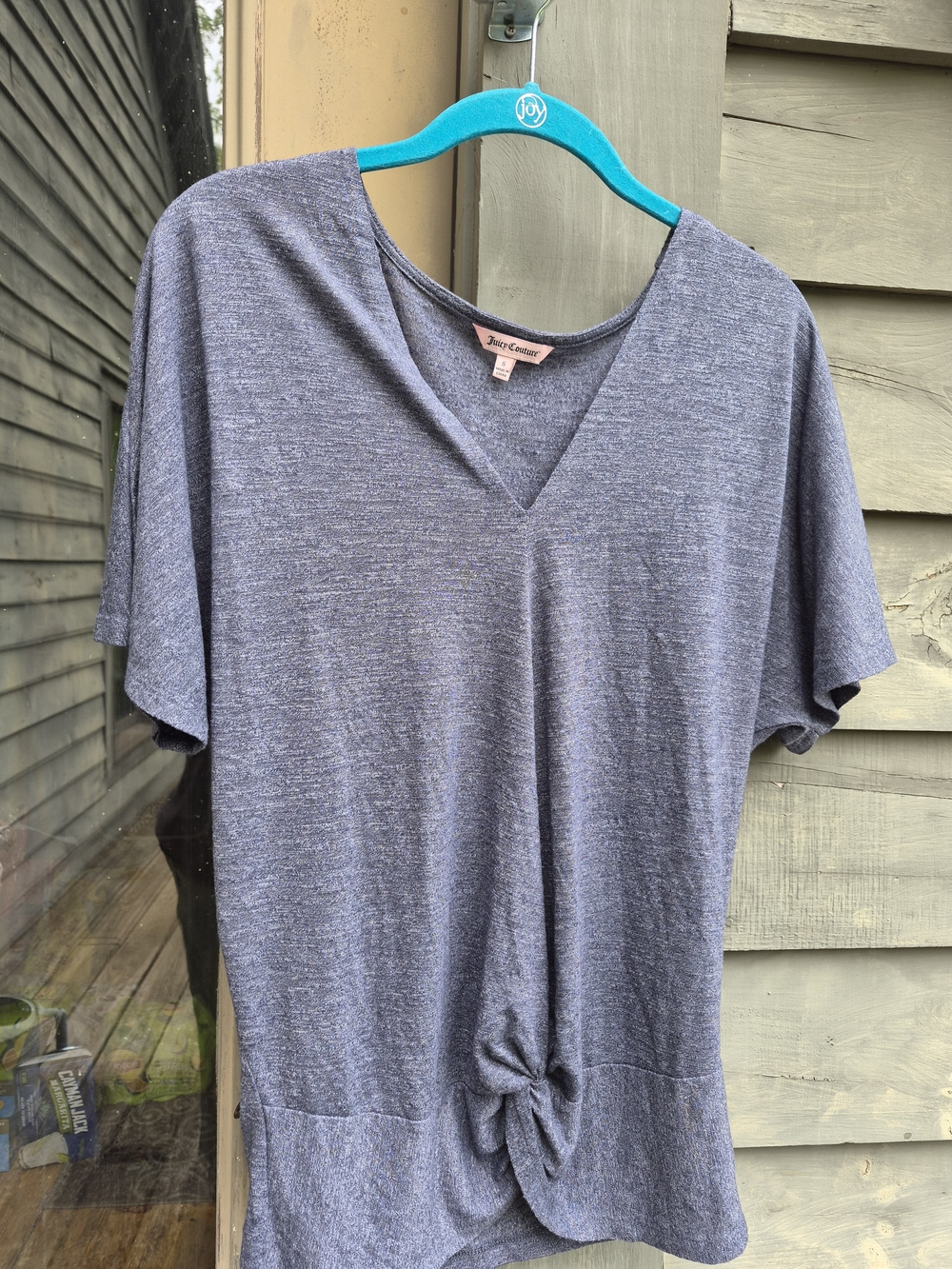 Juicy Couture Women's Heathered Blue V‑Neck Knot Front Top